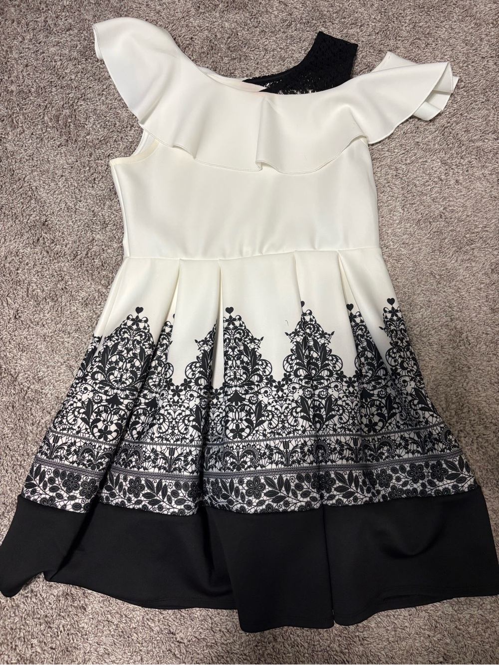 Knitworks White and Black Ruffle One-Shoulder Mini Dress
